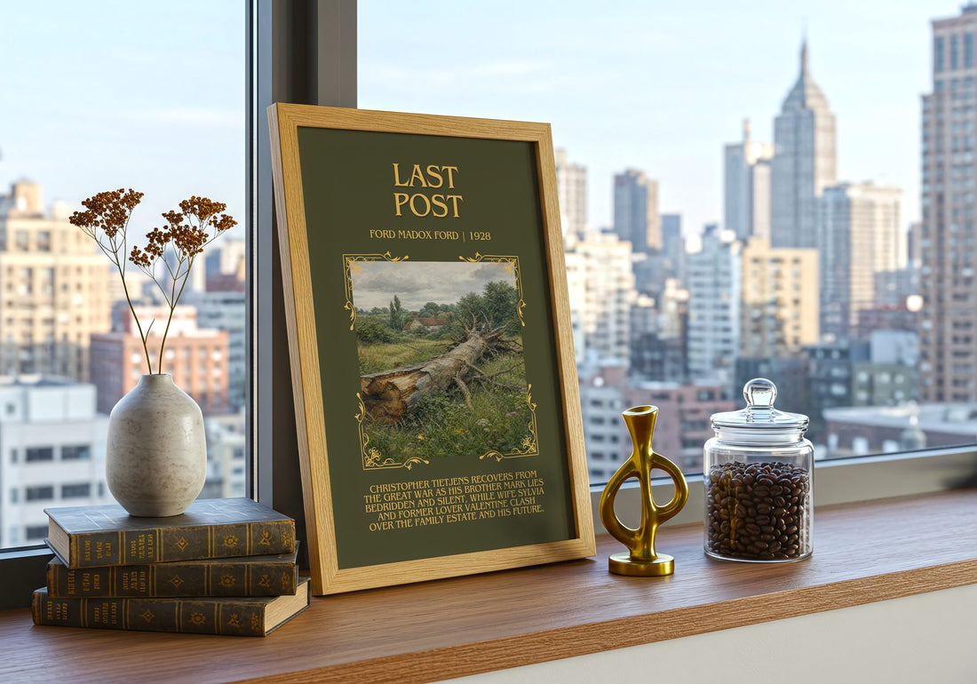Last Post Minimalist Book Poster by Ford Madox Ford – framed print on a city-view windowsill