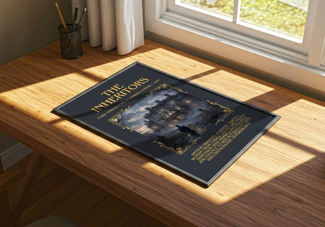 Inheritors Minimalist Book Poster by Ford Madox Ford & Joseph Conrad – print on a sunlit desk