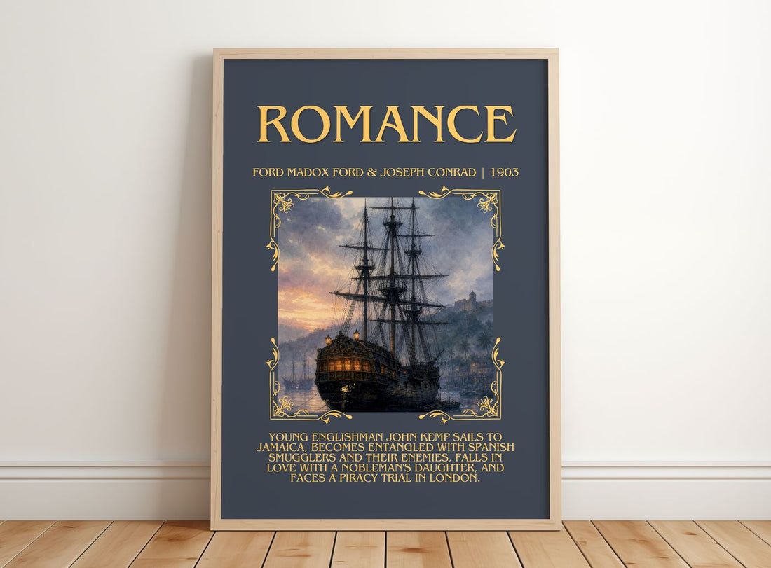Romance Minimalist Book Poster by Ford Madox Ford & Joseph Conrad – framed print leaning on a wooden floor
