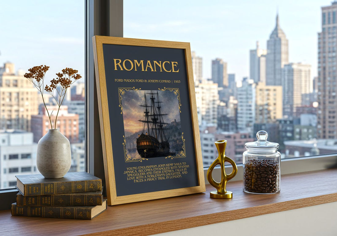 Romance Minimalist Book Poster by Ford Madox Ford & Joseph Conrad – framed print on a city-view windowsill