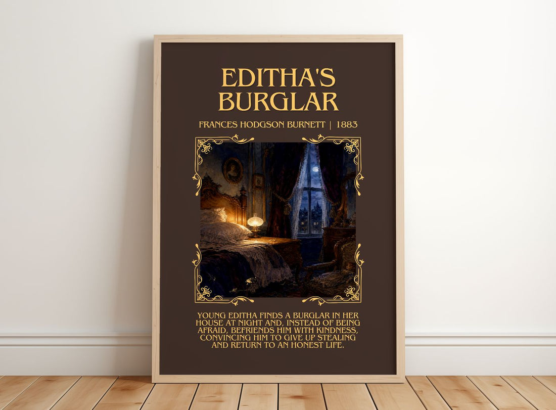 Editha'S Burglar Minimalist Book Poster by Frances Hodgson Burnett – framed print leaning on a wooden floor