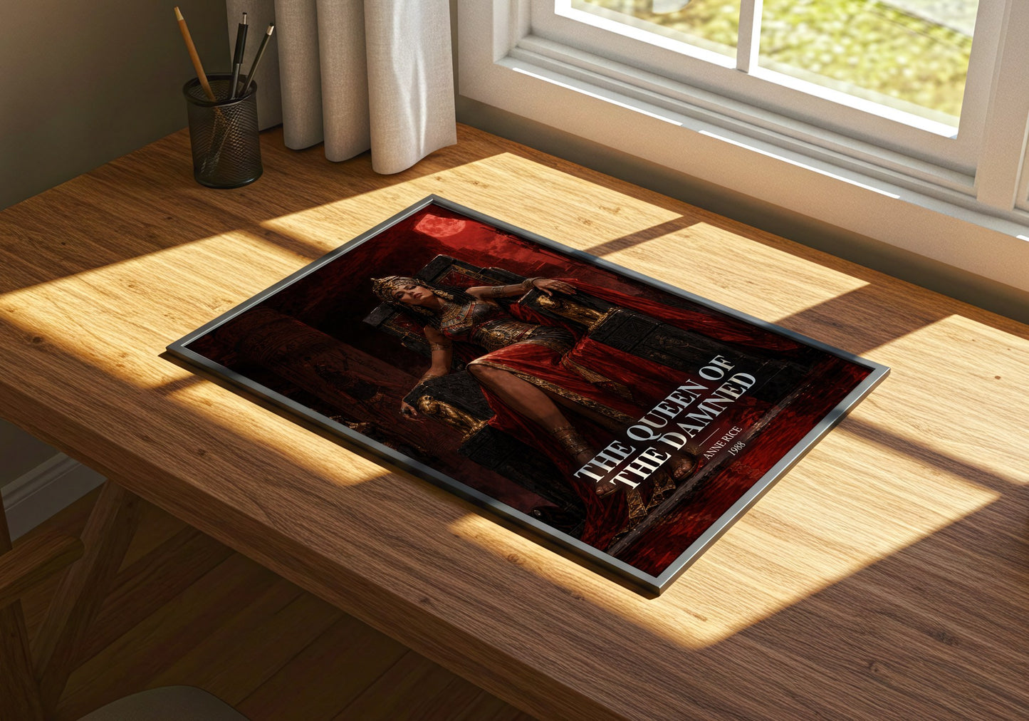 The Queen Of The Damned watercolour book poster framed on wall – horror wall art