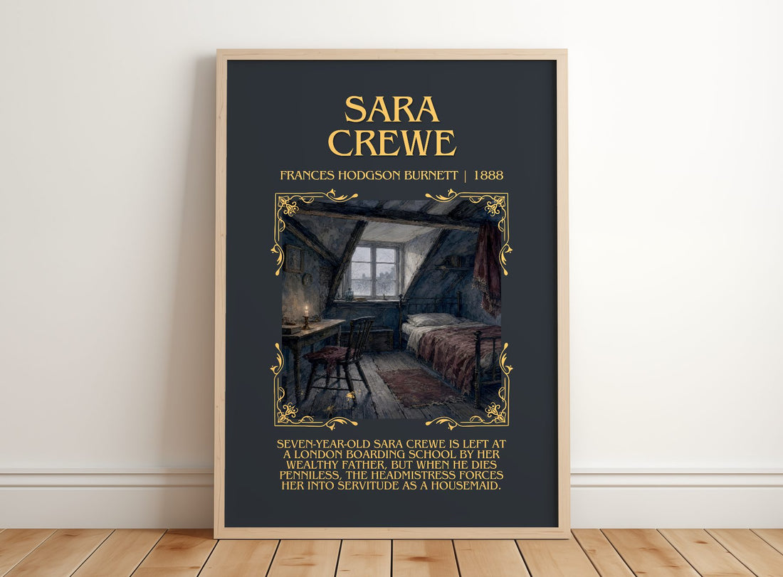 Sara Crewe Minimalist Book Poster by Frances Hodgson Burnett – framed print leaning on a wooden floor