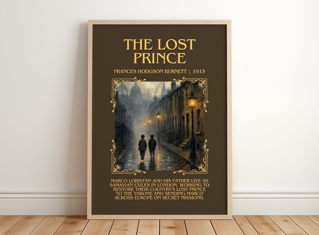 The Lost Prince Minimalist Book Poster by Frances Hodgson Burnett – framed print leaning on a wooden floor