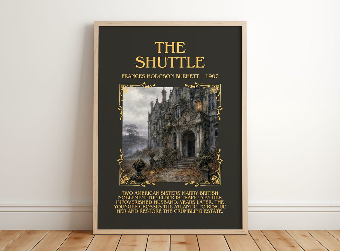 The Shuttle Minimalist Book Poster by Frances Hodgson Burnett – framed print leaning on a wooden floor