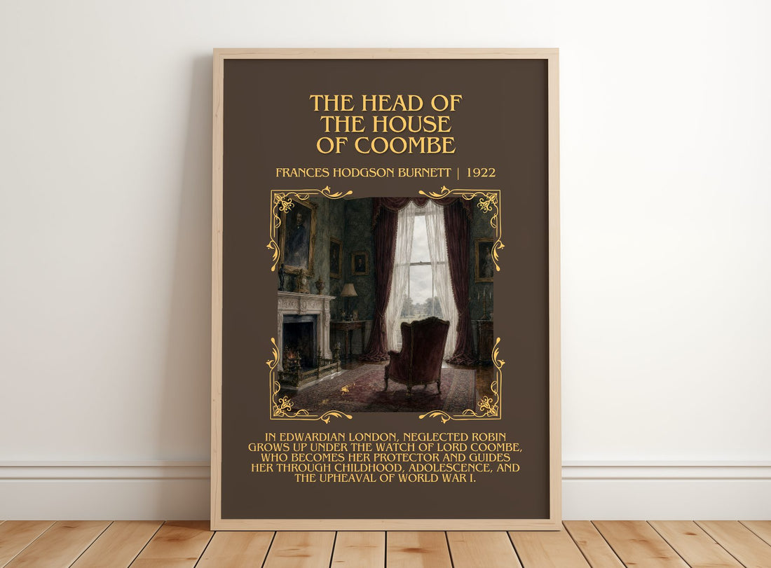 Head Of The House Of Coombe Minimalist Book Poster by F. Burnett – framed print leaning on a wooden floor