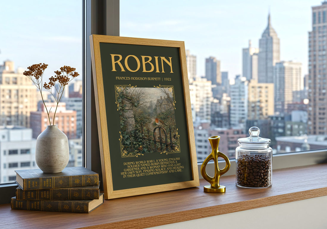 Robin Minimalist Book Poster by Frances Hodgson Burnett – framed print on a city-view windowsill