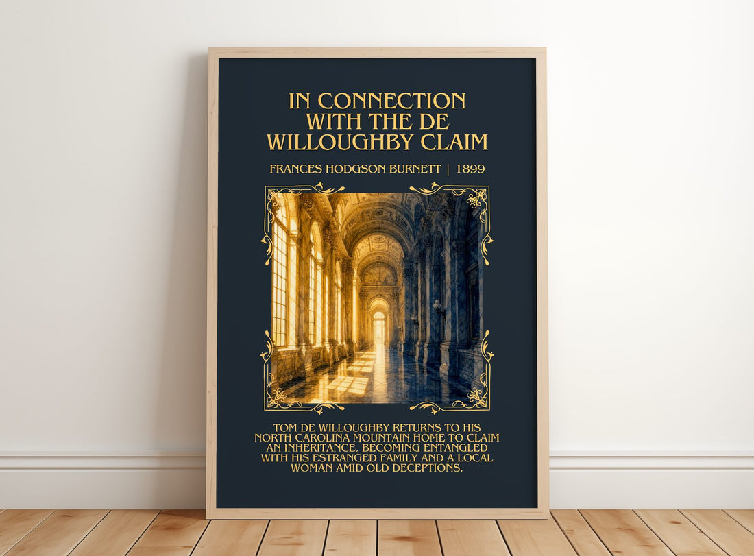 In Connection With The De Willoughby Claim Minimalist Book Poster – – framed print leaning on a wooden floor