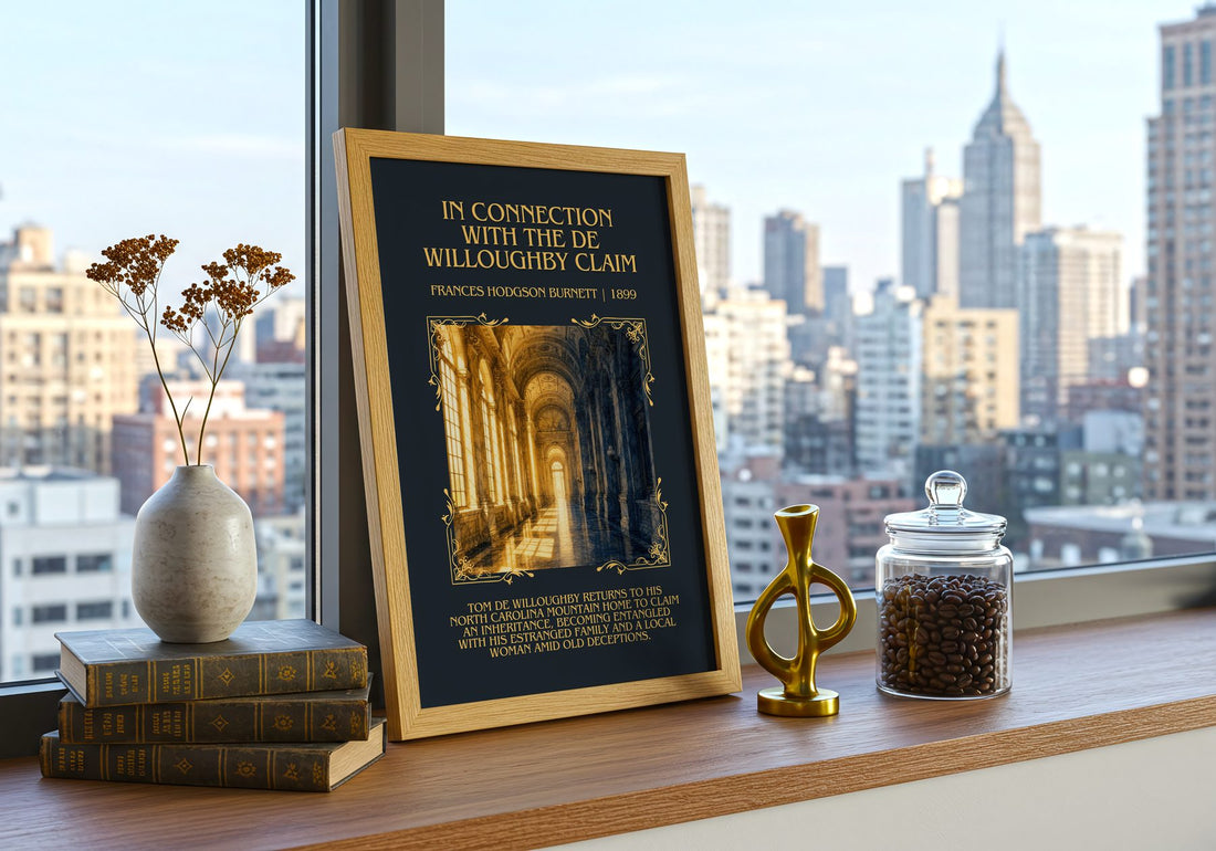 In Connection With The De Willoughby Claim Minimalist Book Poster – – framed print on a city-view windowsill