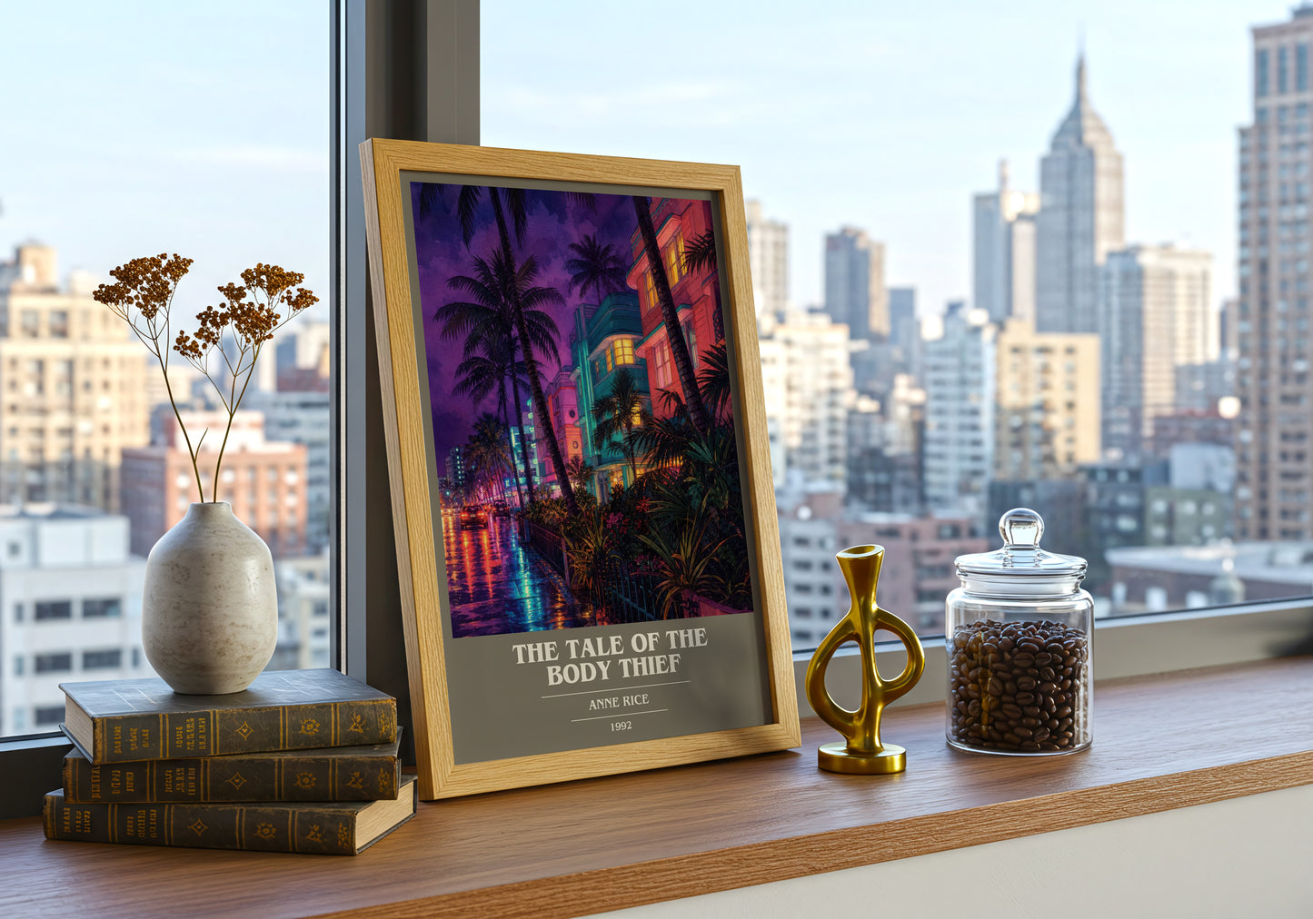 The Tale Of The Body Thief book cover print framed by window – literary home decor