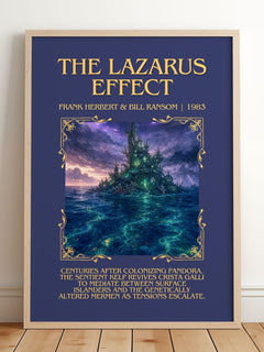 Lazarus Effect Minimalist Book Poster by Frank Herbert & Bill Ransom – framed print leaning on a wooden floor