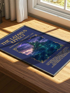 Lazarus Effect Minimalist Book Poster by Frank Herbert & Bill Ransom – print on a sunlit desk
