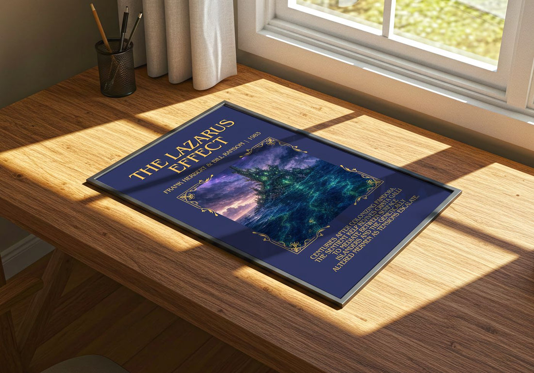 Lazarus Effect Minimalist Book Poster by Frank Herbert & Bill Ransom – print on a sunlit desk