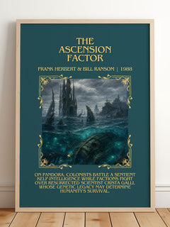 Ascension Factor Minimalist Book Poster by Frank Herbert & Bill Ransom – framed print leaning on a wooden floor