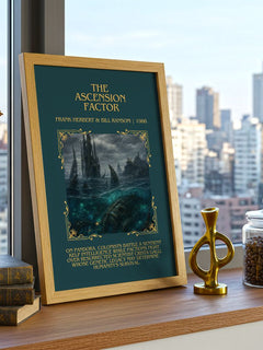 Ascension Factor Minimalist Book Poster by Frank Herbert & Bill Ransom – framed print on a city-view windowsill