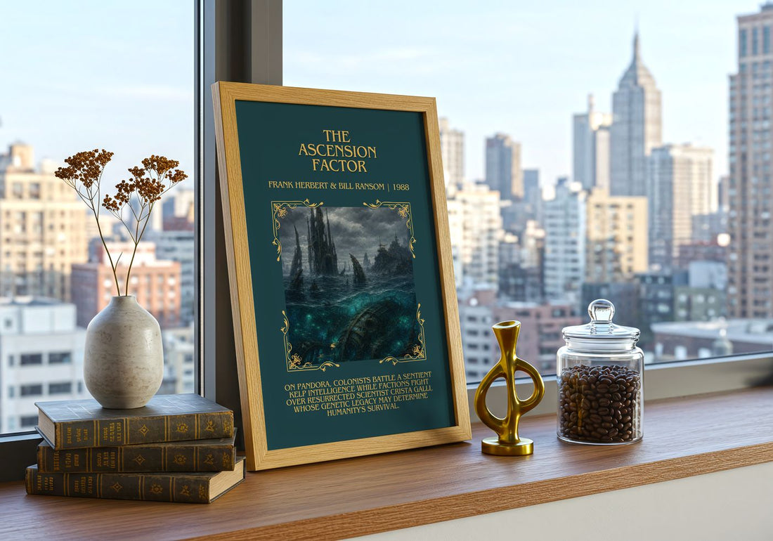 Ascension Factor Minimalist Book Poster by Frank Herbert & Bill Ransom – framed print on a city-view windowsill