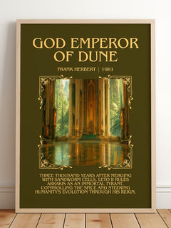 God Emperor Of Dune Minimalist Book Poster by Frank Herbert – framed print leaning on a wooden floor
