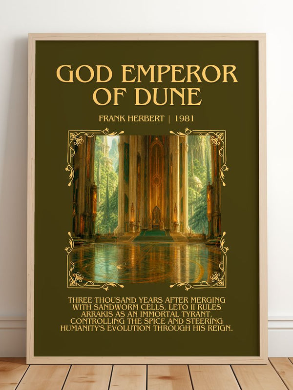 God Emperor Of Dune Minimalist Book Poster by Frank Herbert – framed print leaning on a wooden floor