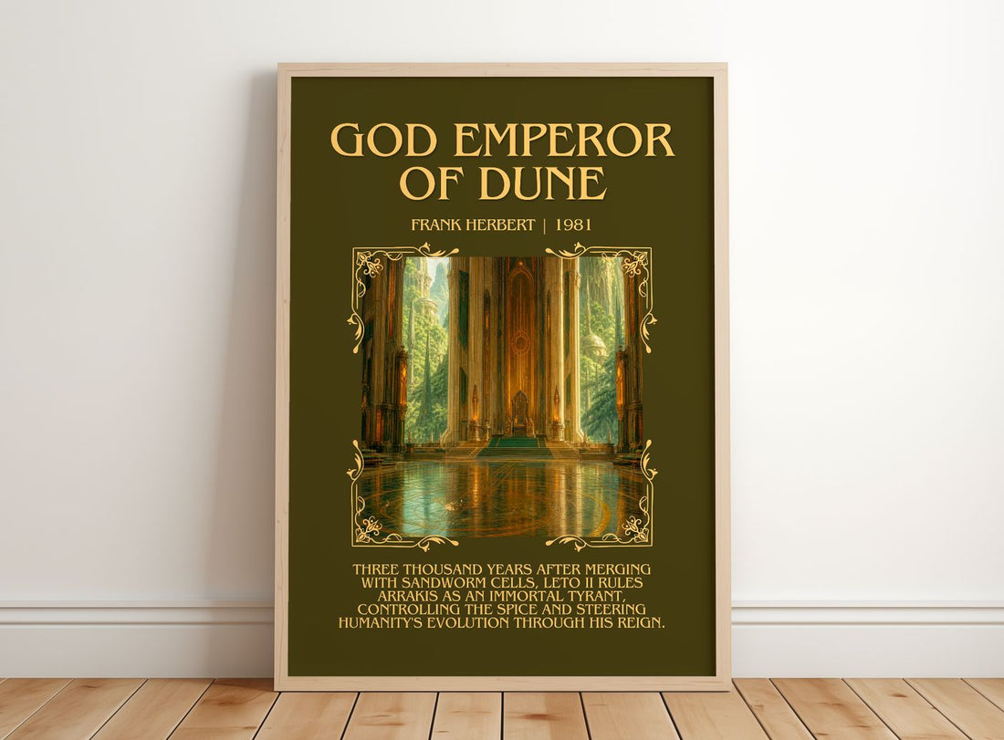God Emperor Of Dune Minimalist Book Poster by Frank Herbert – framed print leaning on a wooden floor