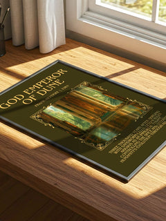 God Emperor Of Dune Minimalist Book Poster by Frank Herbert – print on a sunlit desk