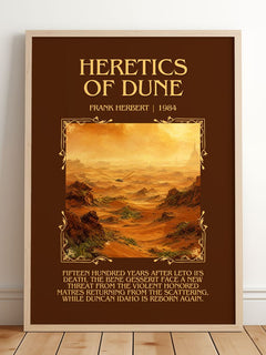 Heretics Of Dune Minimalist Book Poster by Frank Herbert – framed print leaning on a wooden floor