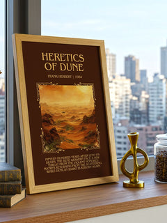 Heretics Of Dune Minimalist Book Poster by Frank Herbert – framed print on a city-view windowsill