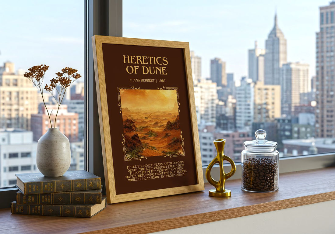 Heretics Of Dune Minimalist Book Poster by Frank Herbert – framed print on a city-view windowsill