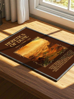 Heretics Of Dune Minimalist Book Poster by Frank Herbert – print on a sunlit desk