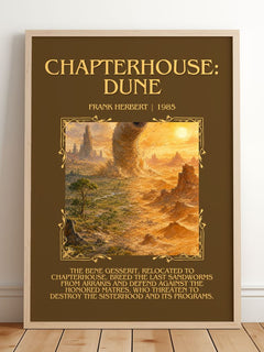 Chapterhouse: Dune Minimalist Book Poster by Frank Herbert – framed print leaning on a wooden floor