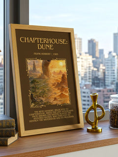 Chapterhouse: Dune Minimalist Book Poster by Frank Herbert – framed print on a city-view windowsill