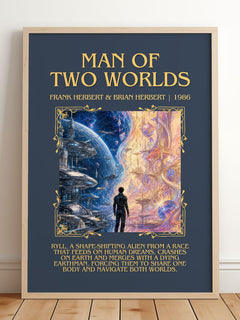 Man Of Two Worlds Minimalist Book Poster by F. Herbert – framed print leaning on a wooden floor