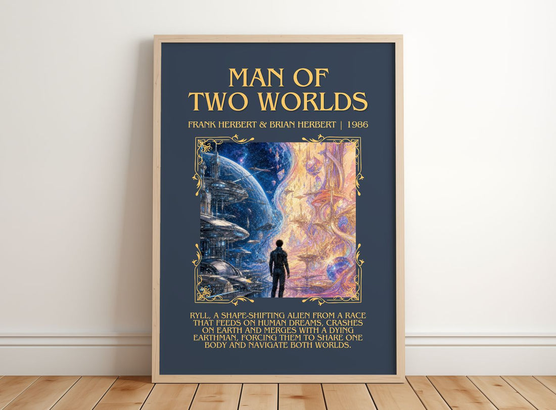 Man Of Two Worlds Minimalist Book Poster by F. Herbert – framed print leaning on a wooden floor