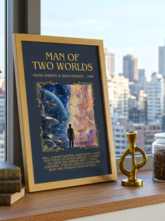 Man Of Two Worlds Minimalist Book Poster by F. Herbert – framed print on a city-view windowsill