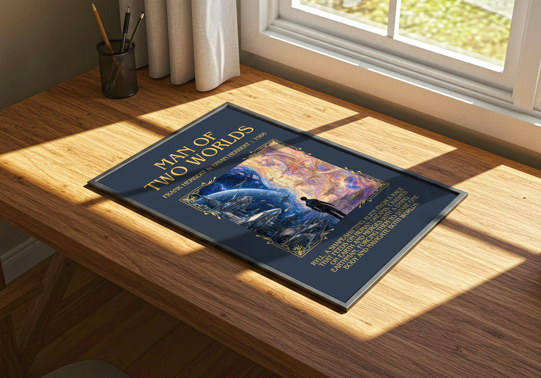 Man Of Two Worlds Minimalist Book Poster by F. Herbert – print on a sunlit desk