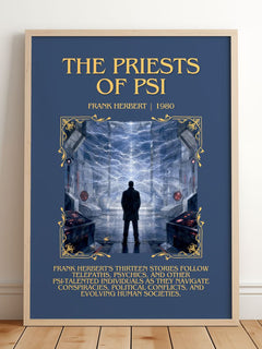 The Priests Of Psi Minimalist Book Poster by Frank Herbert – framed print leaning on a wooden floor