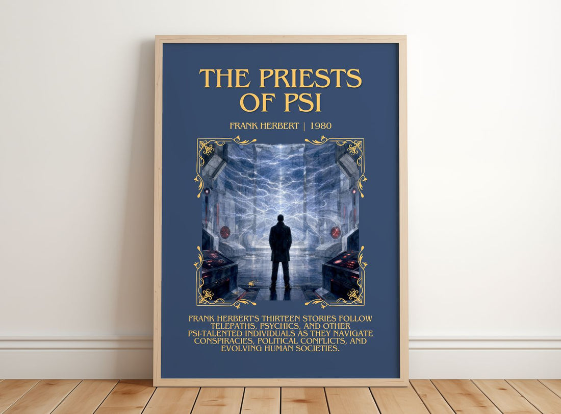 The Priests Of Psi Minimalist Book Poster by Frank Herbert – framed print leaning on a wooden floor
