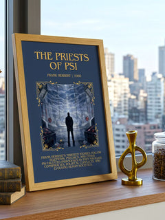The Priests Of Psi Minimalist Book Poster by Frank Herbert – framed print on a city-view windowsill