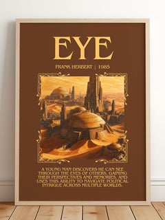 Eye Minimalist Book Poster by Frank Herbert – framed print leaning on a wooden floor