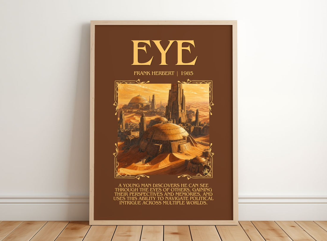 Eye Minimalist Book Poster by Frank Herbert – framed print leaning on a wooden floor