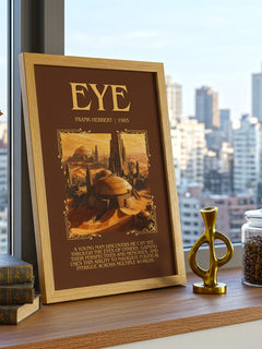 Eye Minimalist Book Poster by Frank Herbert – framed print on a city-view windowsill