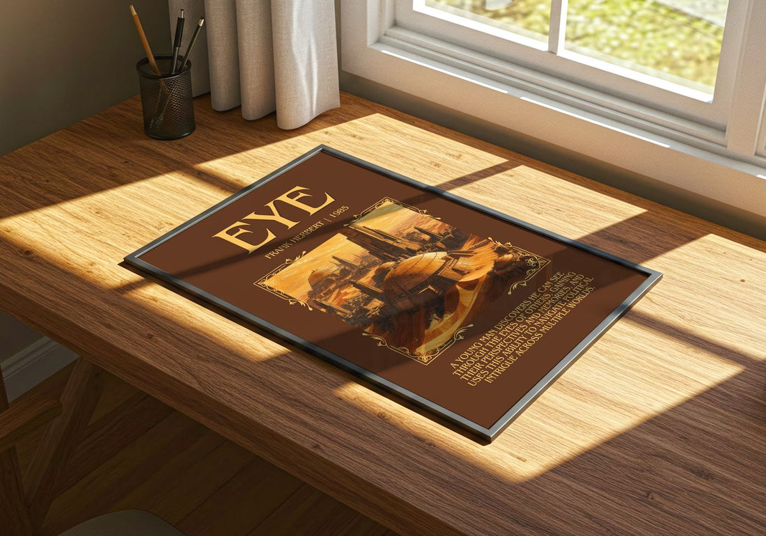 Eye Minimalist Book Poster by Frank Herbert – print on a sunlit desk