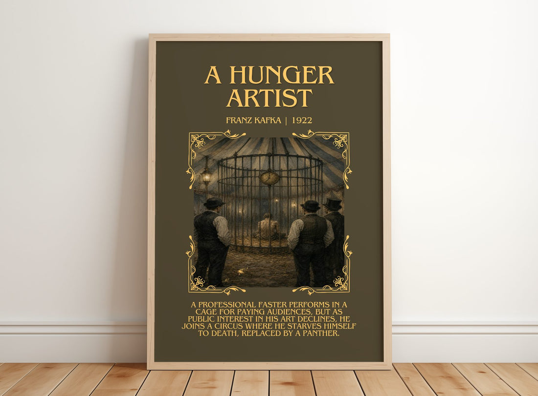 A Hunger Artist Minimalist Book Poster by Franz Kafka – framed print leaning on a wooden floor
