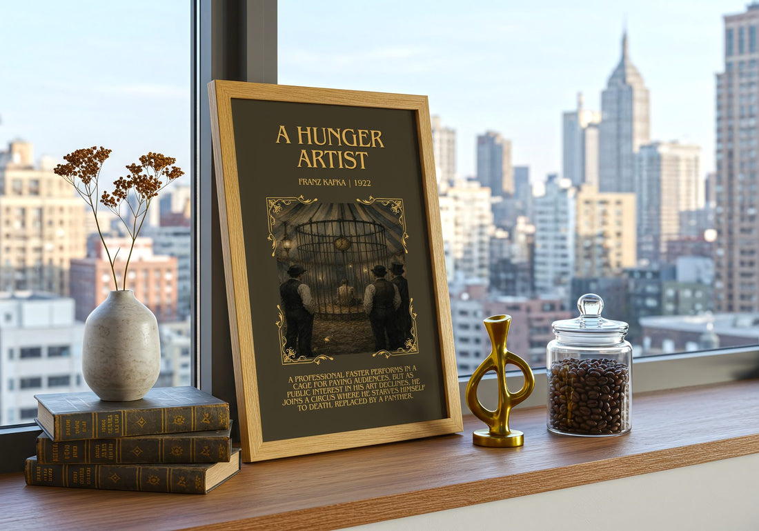 A Hunger Artist Minimalist Book Poster by Franz Kafka – framed print on a city-view windowsill