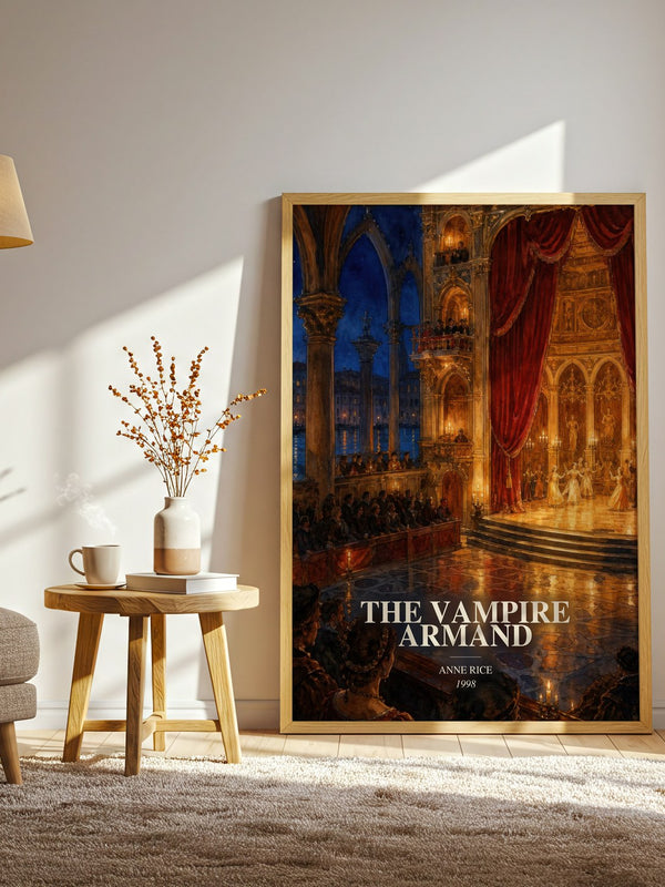 The Vampire Armand watercolour print in frame leaning in hallway – horror wall art