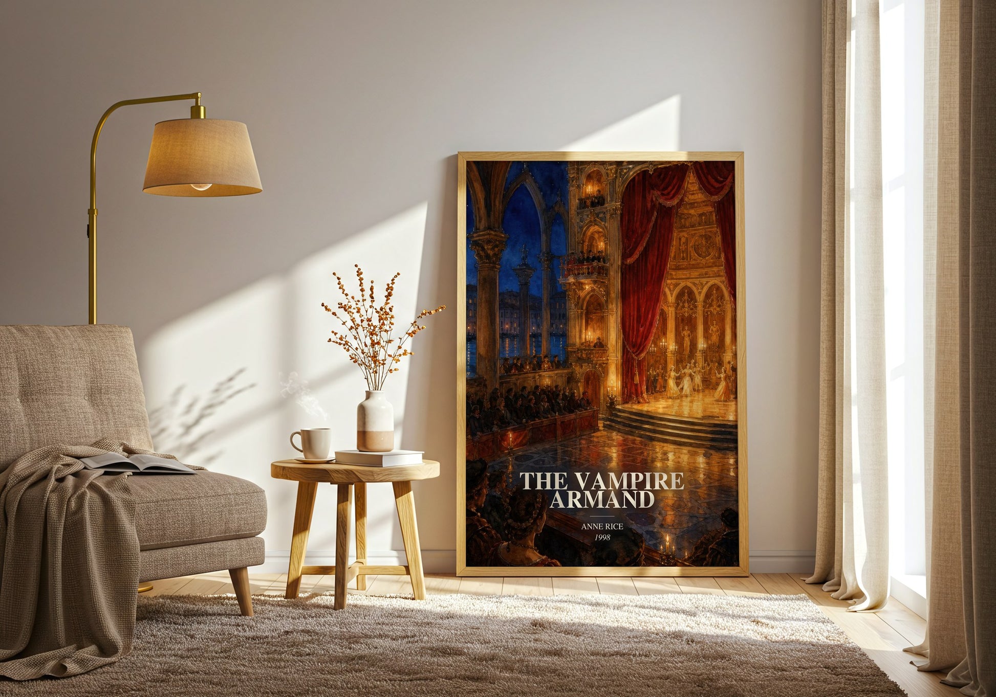 The Vampire Armand watercolour print in frame leaning in hallway – horror wall art