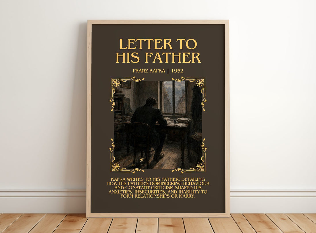 Letter To His Father Minimalist Book Poster by Franz Kafka – framed print leaning on a wooden floor
