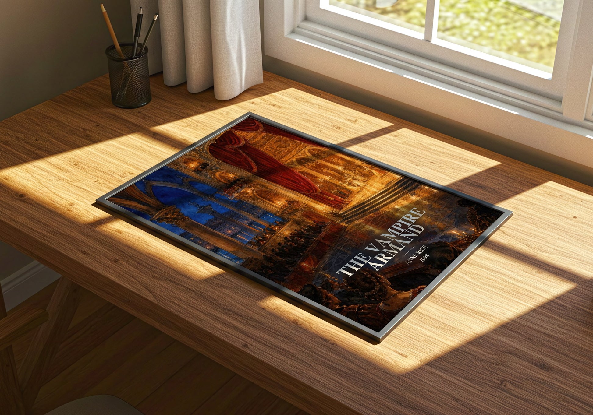 The Vampire Armand watercolour book poster framed on wall – horror wall art