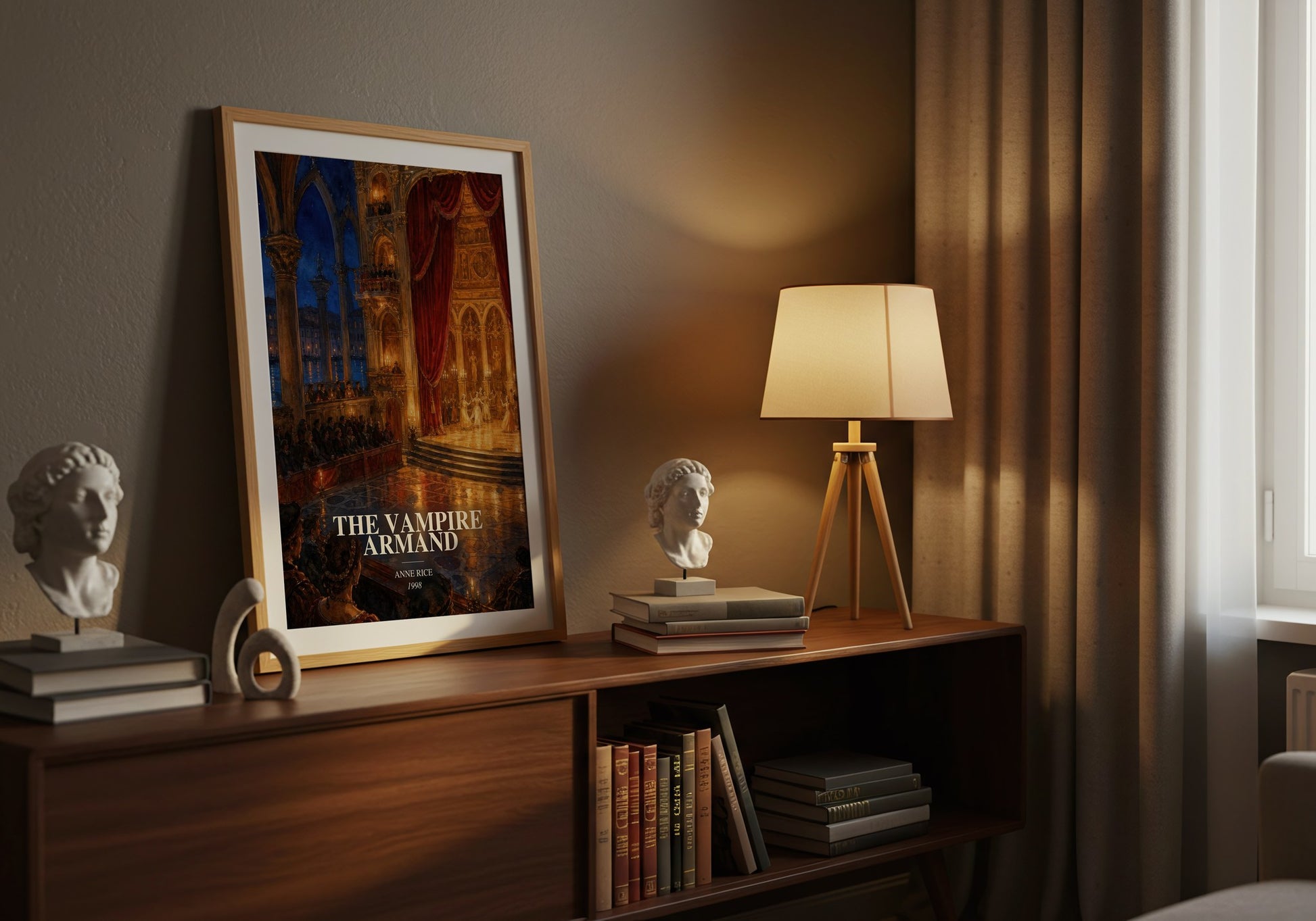 The Vampire Armand watercolour print on bookshelf – Anne Rice fan gift