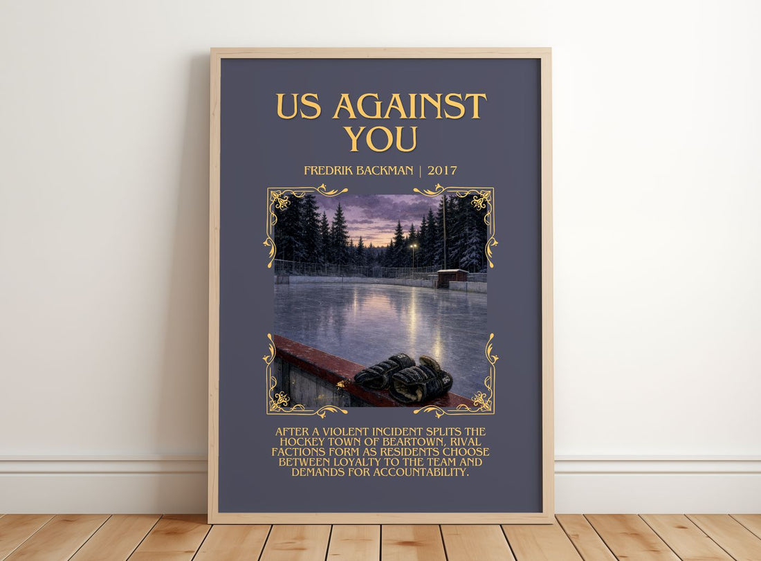 Us Against You Minimalist Book Poster by Fredrik Backman – framed print leaning on a wooden floor