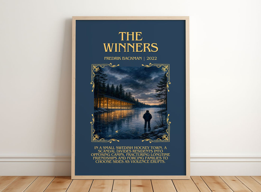 The Winners Minimalist Book Poster by Fredrik Backman – framed print leaning on a wooden floor